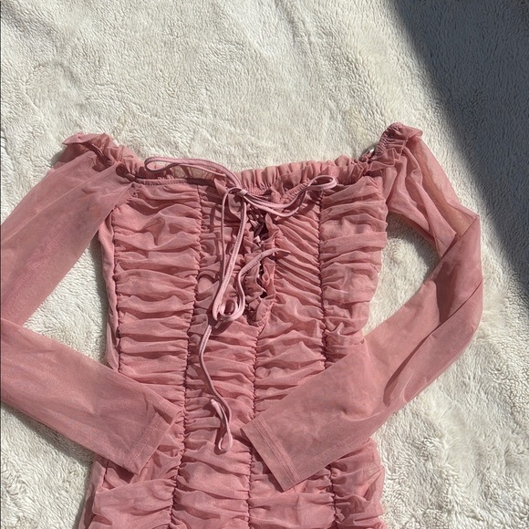 Fashion Nova Maura Mesh Dress Mauve | Ruched Bodycon | Off-Shoulder | Size XS | - Picture 3 of 8